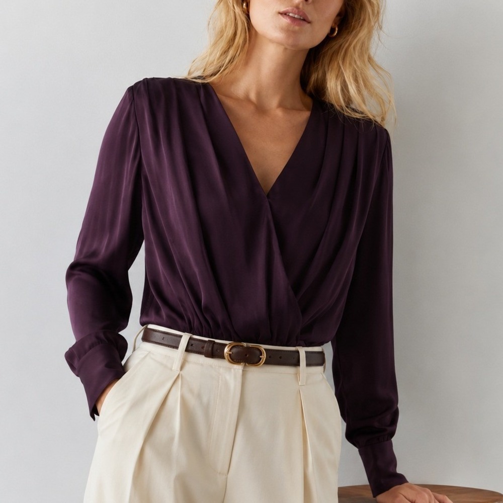 Quince Washable Stretch Silk Surplice Bodysuit Wrap Front Long Sleeve Orchid S